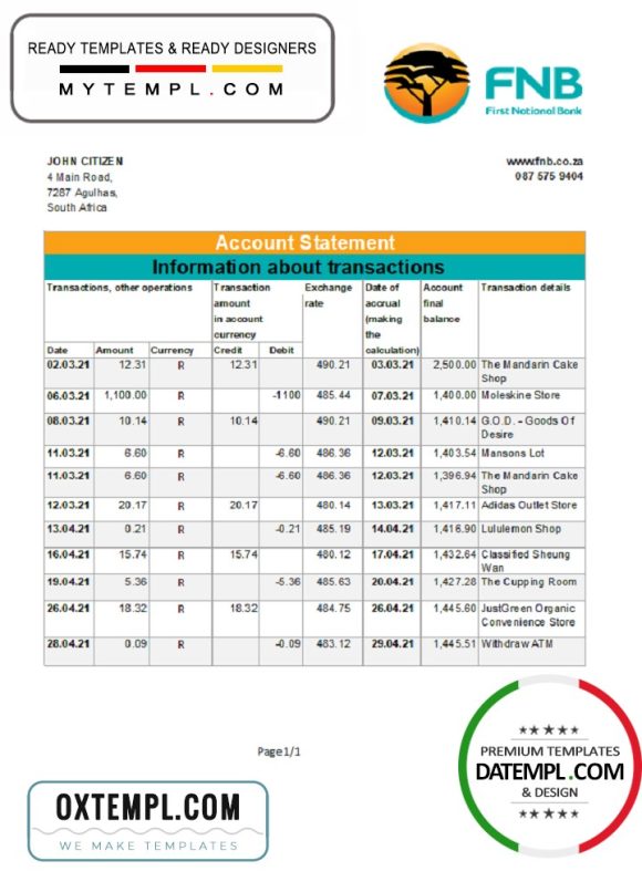 editable template, South Africa FNB bank statement easy to fill template in Excel and PDF format