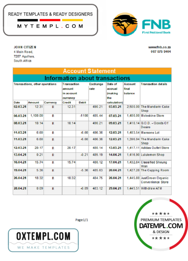 editable template, South Africa FNB bank statement easy to fill template in Excel and PDF format
