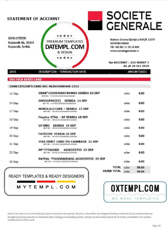 editable template, Serbia Societe Generale bank proof of address statement template in Word and PDF format