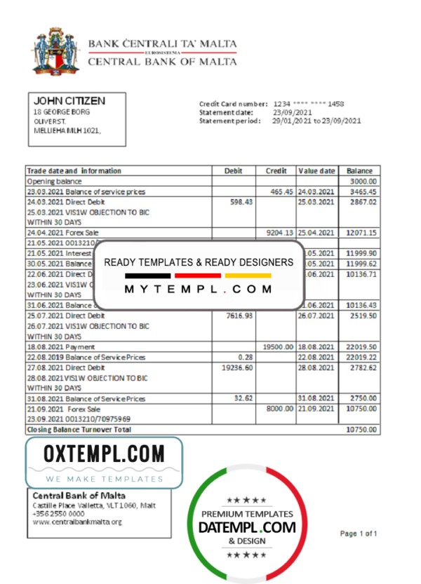 editable template, Malta Central Bank of Malta bank statement easy to fill template in Excel and PDF format