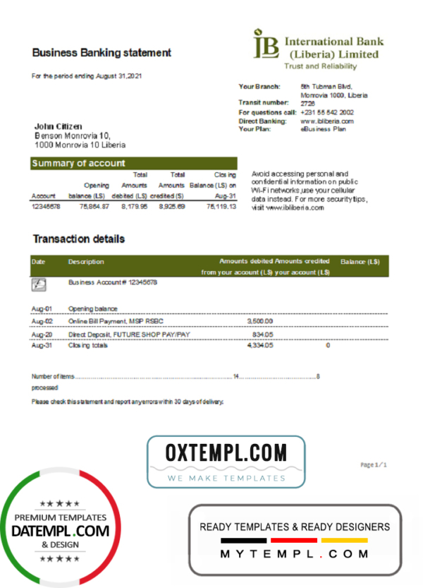 editable template, Liberia IB International Bank proof of address statement template in .xls and .pdf file format