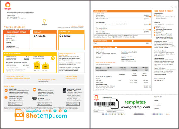 editable template, Australia New South Wales (NSW) Origin electricity utility bill template in Word and PDF format, 3pages