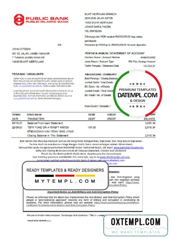 editable template, Malaysia Public Bank statement easy to fill template in Excel and PDF format