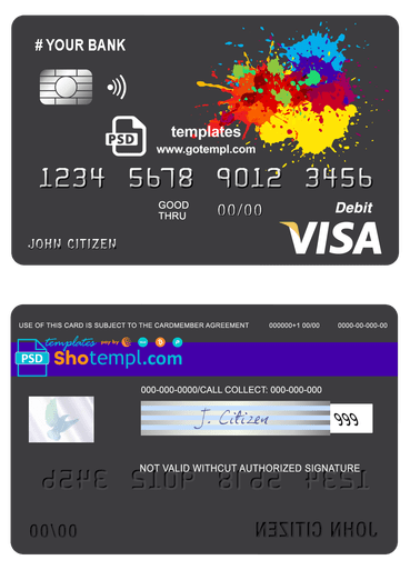 editable template, # paintings color universal multipurpose bank visa credit card template in PSD format, fully editable