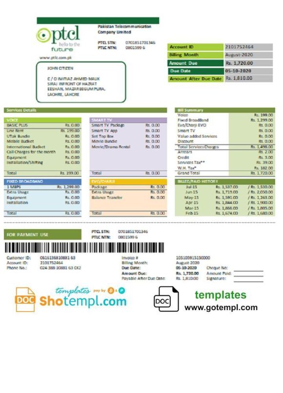 editable template, Pakistan PTCL utility bill template in Word and PDF format