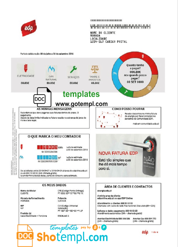 editable template, Portugal EDP utility bill template in Word and PDF format, good for address prove