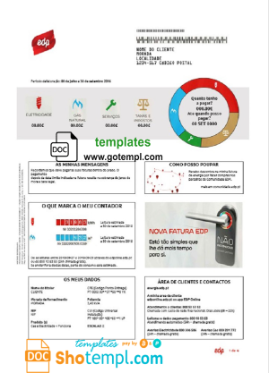 editable template, Portugal EDP utility bill template in Word and PDF format, good for address prove