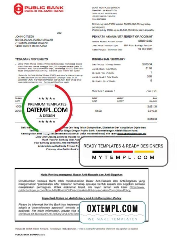 editable template, Malaysia Public bank statement template in Word and PDF format