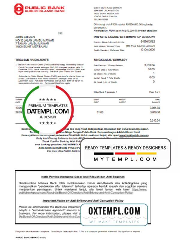 editable template, Malaysia Public bank statement template in Word and PDF format