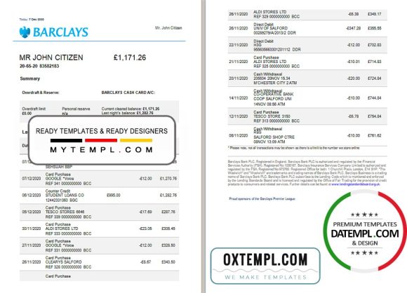 editable template, United Kingdom Barclays bank statement template in Excel and PDF format, version 3 (2 pages)