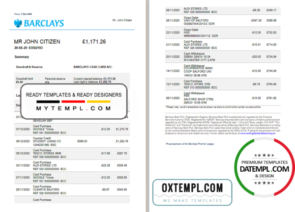 editable template, United Kingdom Barclays bank statement template in Excel and PDF format, version 3 (2 pages)