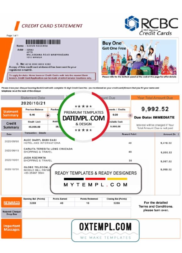 editable template, Philippines Rizal Commercial Banking Corporation (RCBC) credit card statement template in Word and PDF  format