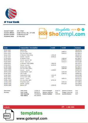 editable template, # azure bird universal bank multipurpose statement template in Word format