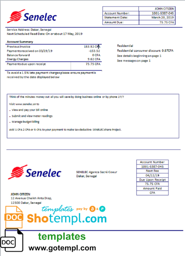 editable template, Senegal Senelec Agence Sacré Coeur Company electricity utility bill template in Word and PDF format