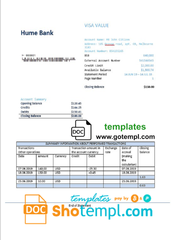 editable template, Australia Humebank proof of address statement template in .doc and .pdf format, fully editable