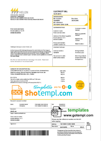 editable template, Finland HELEN utility bill template in Word and PDF format