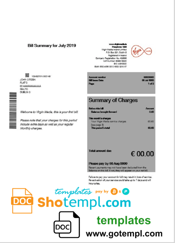 editable template, Ireland Virgin Media utility bill template editable in Word and PDF, version 1