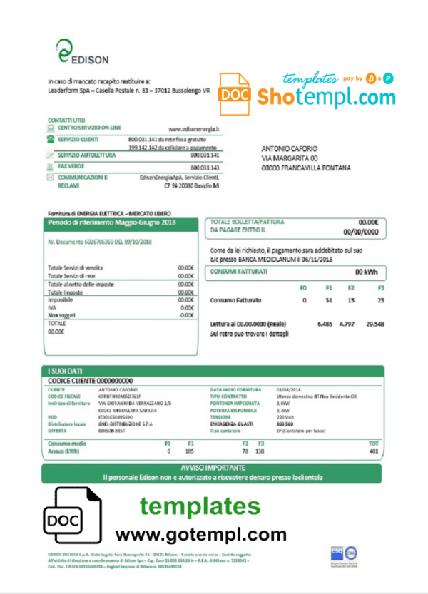 editable template, Italy Edison utility bill template in Word and PDF format, good for address prove