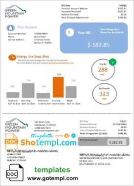 editable template, USA Vermont Green Mountain Power electricity utility bill in Word and PDF format
