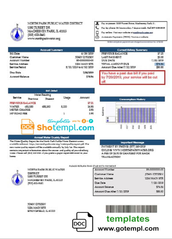 editable template, USA Illinois North Park Public Water District IL utility bill template in Word and PDF format