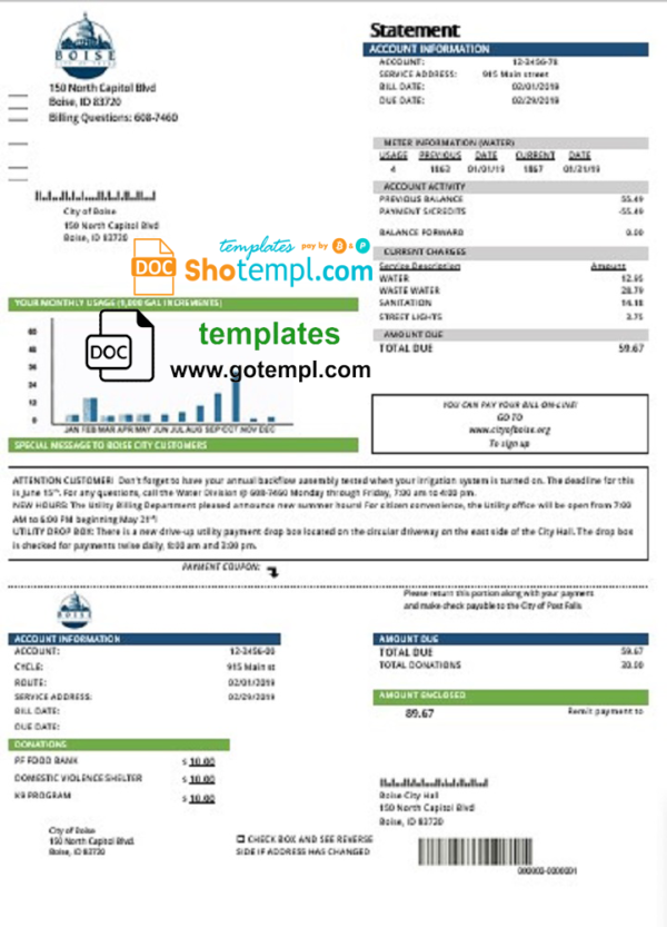 editable template, USA Idaho Boise City of Trees water utility bill template in Word and PDF format