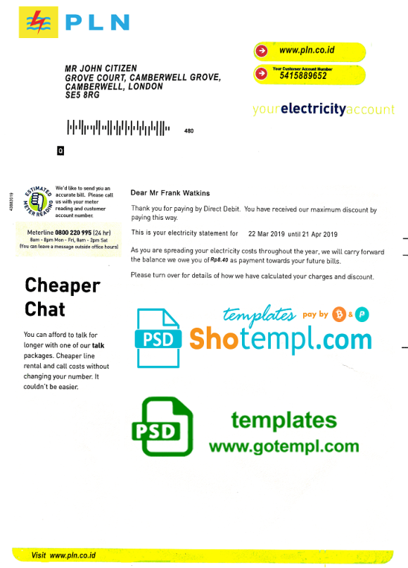 editable template, Indonesia PLN electricity utility bill template, fully editable in PSD format