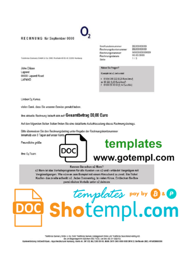 editable template, Germany RECHNUNG O2 utility bill template in Word and PDF format