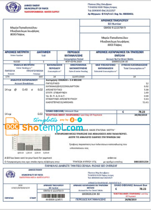 editable template, Cyprus water utility bill template in Word and PDF format, good for address prove