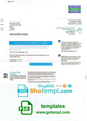 United Kingdom Severn Trent Water utility bill template, fully editable in PSD format