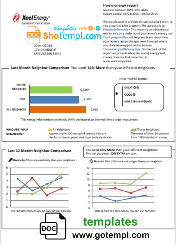 editable template, USA Minnesota Xcel Energy utility bill template in Word and PDF format (.doc and .pdf)