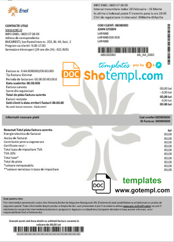 editable template, Romania Enel electricity proof of address utility bill template in Word and PDF format (.doc and .pdf)