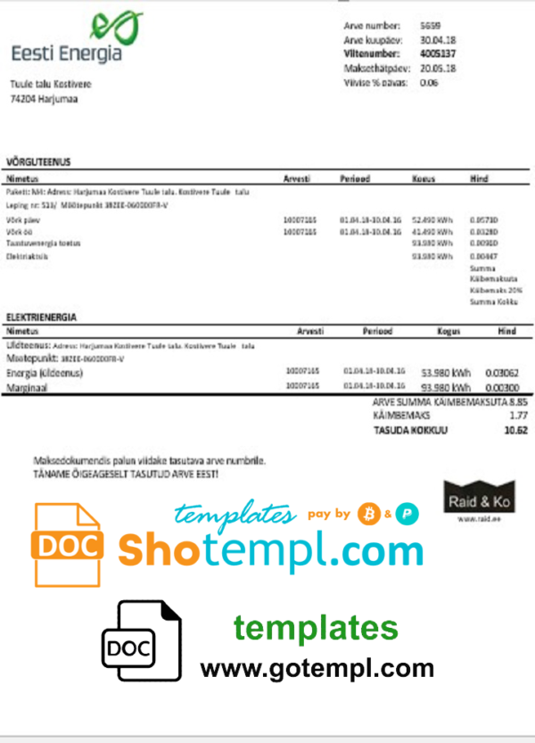 editable template, Estonia Eesti Energia electricity utility bill template in Word and PDF format