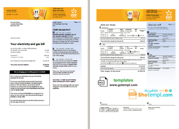 editable template, United Kingdom EDF utility bill template in Word and PDF format (3 pages)