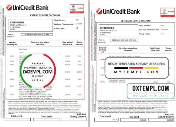 editable template, Romania UniCredit Bank statement template in Excel and PDF format (2 pages) in Romanian and English languages