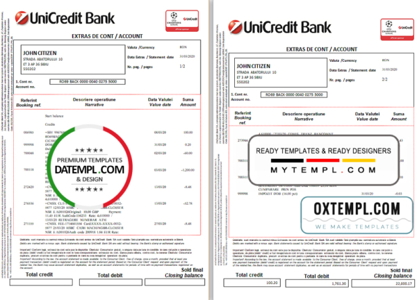 editable template, Romania UniCredit Bank statement template in Excel and PDF format (2 pages) in Romanian and English languages