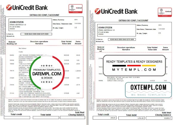 editable template, Romania UniCredit Bank statement template in Word and PDF format (2 pages) in Romanian and English languages