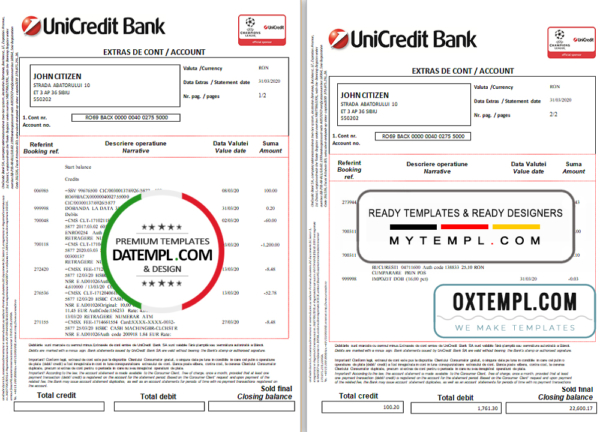 editable template, Romania UniCredit Bank statement template in Word and PDF format (2 pages) in Romanian and English languages