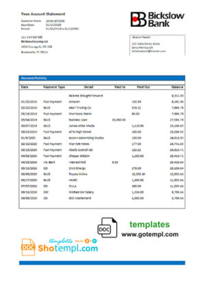 editable template, # BickSlow universal bank multipurpose statement template in Word format
