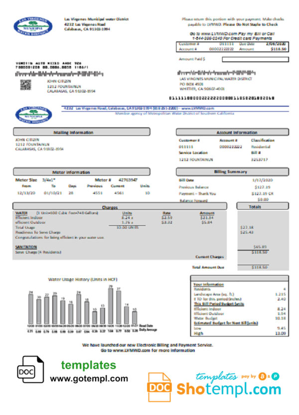editable template, USA California Las Virgenes Municipal Water District utility bill template in Word and PDF format