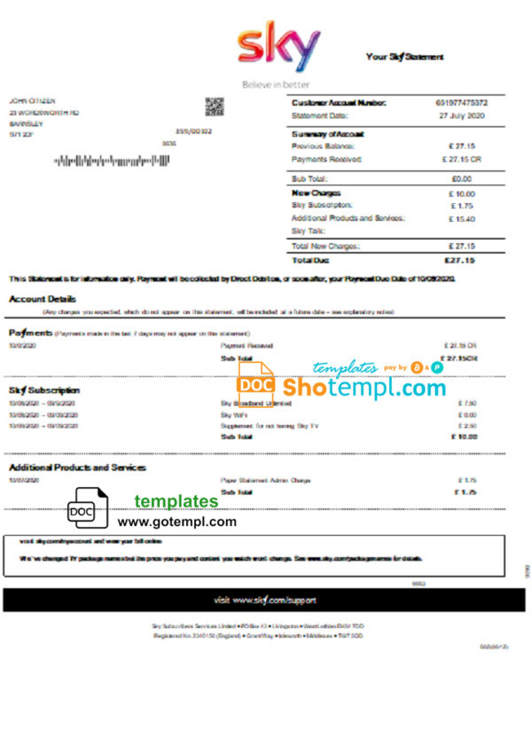 editable template, United Kingdom Sky utility bill statement template in Word and PDF format
