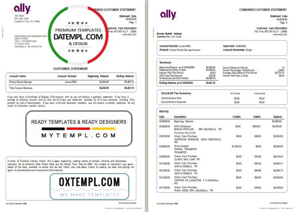 editable template, USA Ally Bank statement template in Word and PDF format (4 pages)