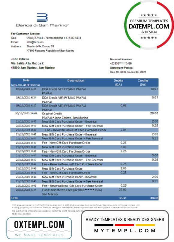 editable template, San Marino Banca di San Marino bank statement easy to fill template in Excel and PDF format
