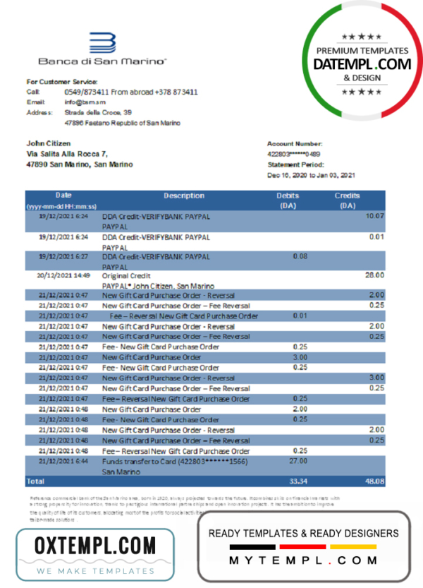 editable template, San Marino Banca di San Marino bank statement easy to fill template in Excel and PDF format