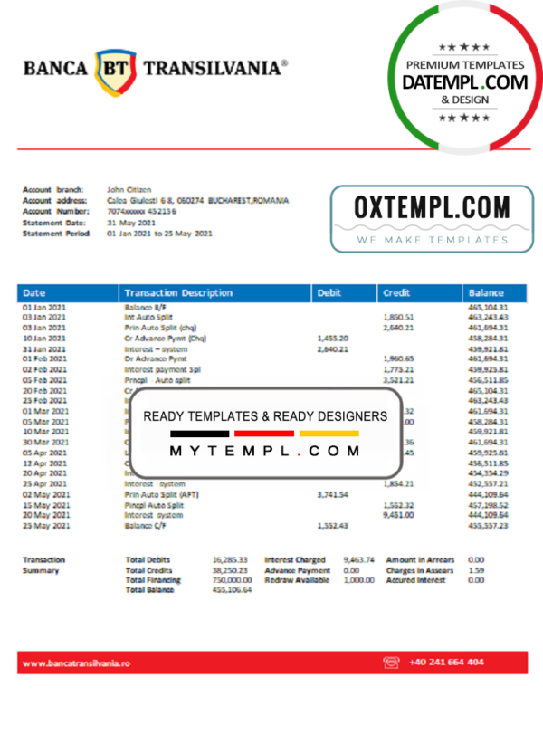 editable template, Romania Banca Transilvania bank statement template in Word and PDF format, version 1