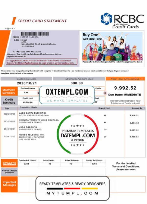 editable template, Philippines Rizal Commercial Banking Corporation (RCBC) credit card statement template in PSD format
