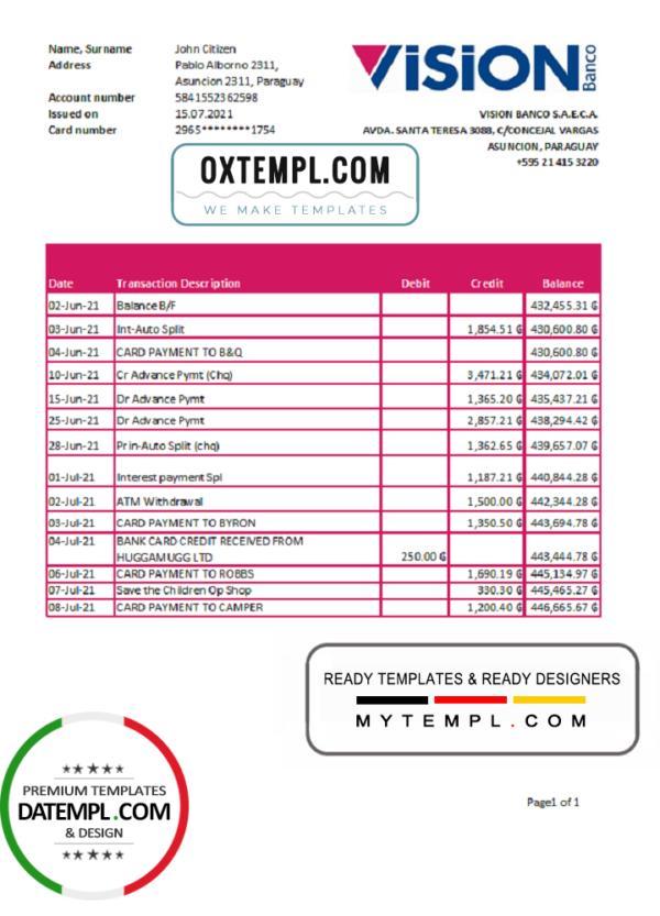 editable template, Paraguay Vision Banco bank statement easy to fill template in Excel and PDF format