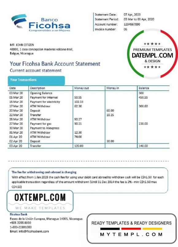 editable template, Nicaragua Banco Ficohsa bank proof of address statement template in Word and PDF format, .doc and .pdf format