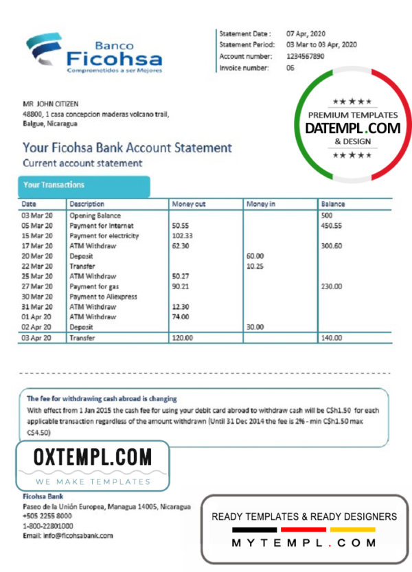 editable template, Nicaragua Banco Ficohsa bank proof of address statement template in Word and PDF format, .doc and .pdf format