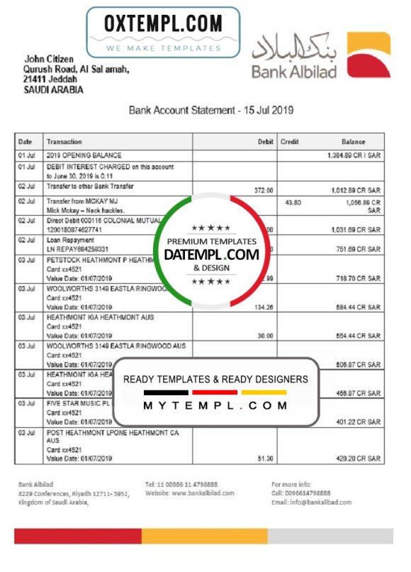 editable template, Saudi Arabia Bank Albilad bank statement template in Word and PDF format