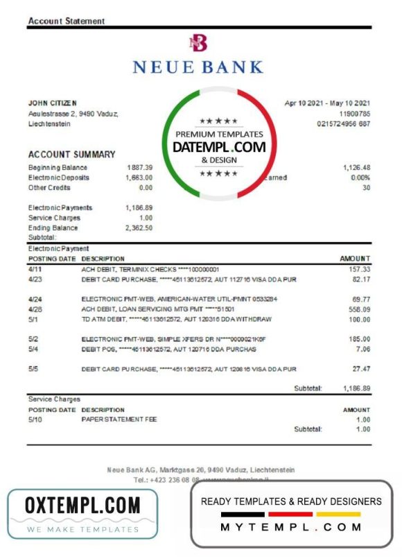 editable template, Liechtenstein Neue Bank AG bank statement easy to fill template in .xls and .pdf file format